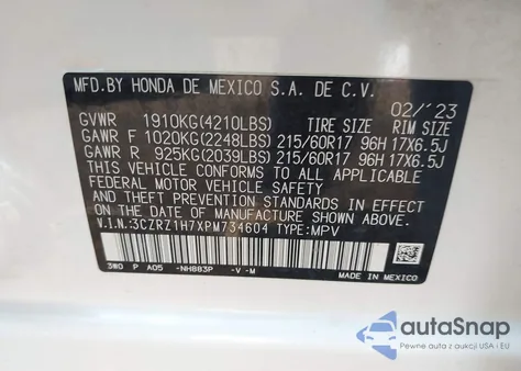 2023 Honda Hr-V 2Wd Ex-L z USA, uszkodzony, nr VIN 3CZRZ1H7XPM734604